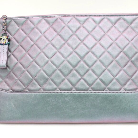 CHANEL Iridescent Lambskin Quilted Large Gabrielle Cosmetic Case Light Purple - Picture 1 of 13